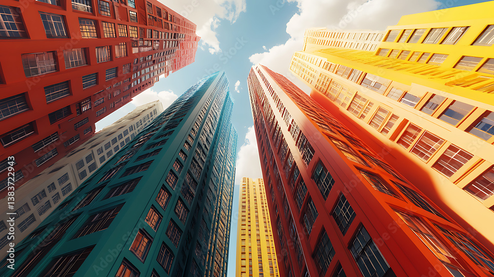 Poster the tall buildings of the big city are connected by lines of different colors, 3d rendering