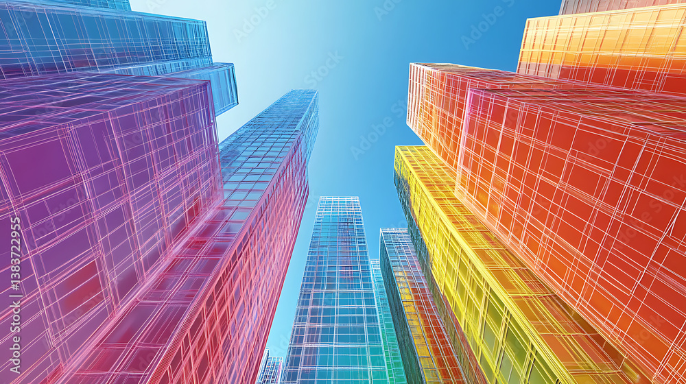 Poster the tall buildings of the big city are connected by lines of different colors, 3d rendering