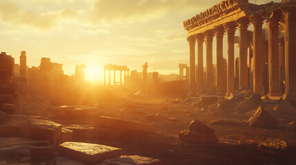 Naklejka premium The sun illuminates the remains of the structure of the city after the destruction, 3d rendering