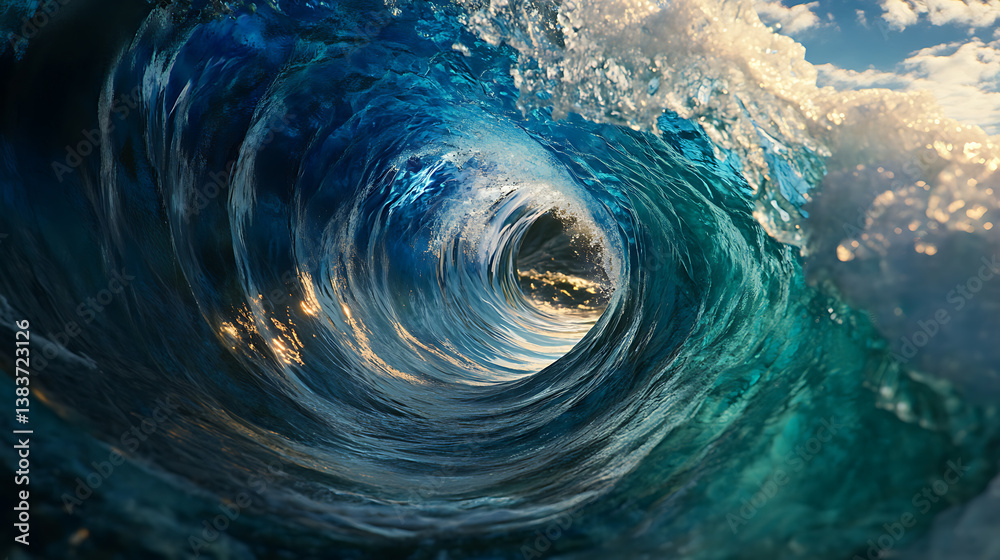 Poster the water swirls into a whirlpool, the water is blue and clear, the wave takes the shape of a pipe, 