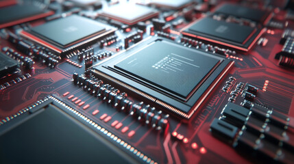 Fototapeta premium Close-up of computer microchips on a circuit board, showcasing intricate microchip design and technology. Microchips and circuit board in focus. Technology and futuristic.