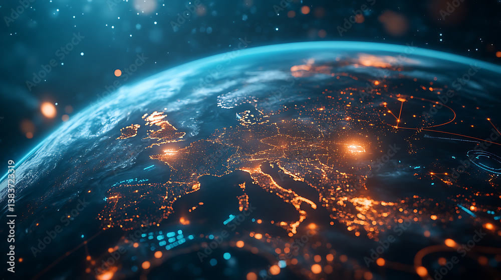 Poster the world surrounded by technology and an image of a city