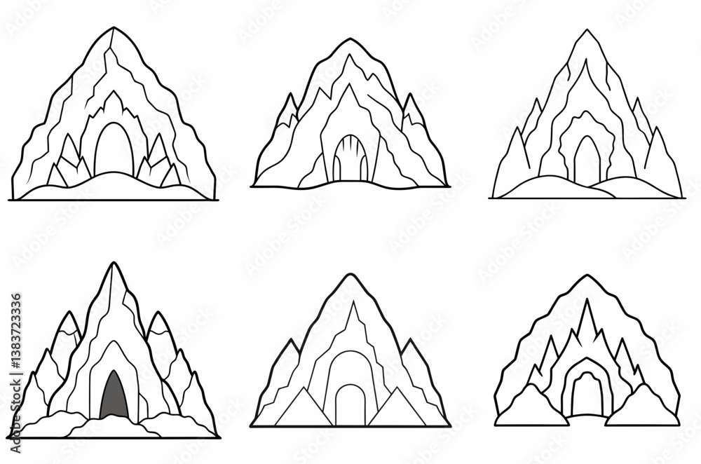 Aufkleber mountain cave outline vector – line art drawing set for coloring book page on white background