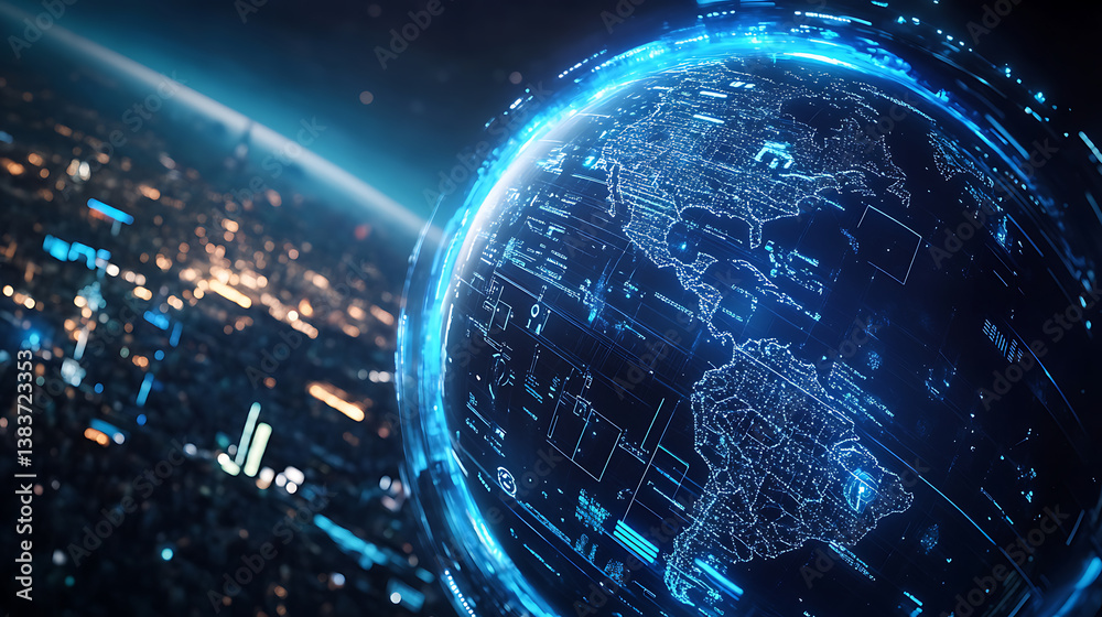 Poster the world surrounded by technology and an image of a city