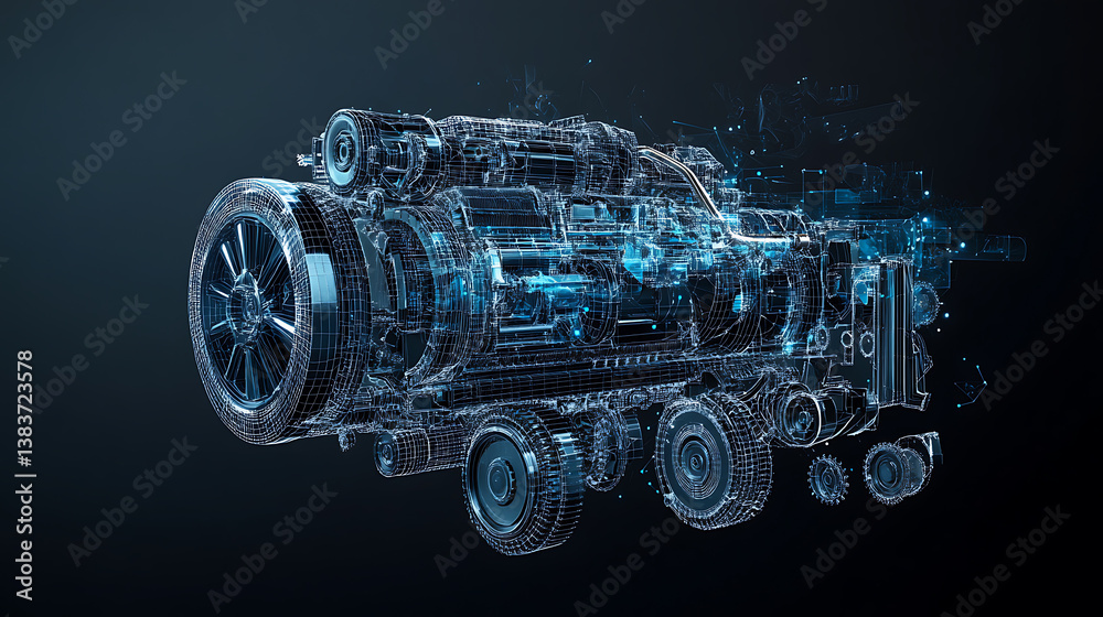 Poster this is a modern illustration of a piston engine car isolated on a black background with gear mechan