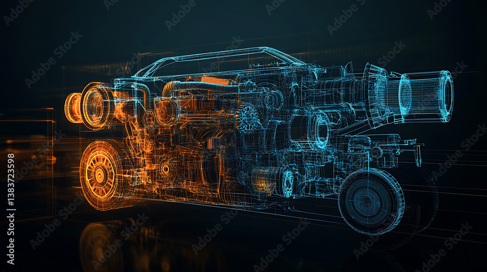 Aufkleber this is a modern illustration of a piston engine car isolated on a black background with gear mechan