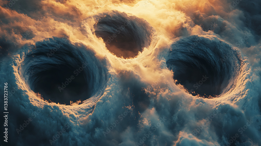 Poster three funnels of heavy clouds form the whirlpool