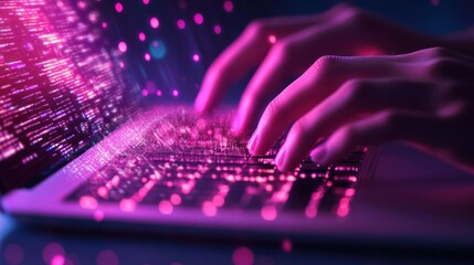 Typing on Illuminated Laptop Keyboard Displaying Complex Digital Information