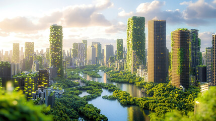 Naklejka premium Futuristic cityscape with green buildings and river eco friendly future