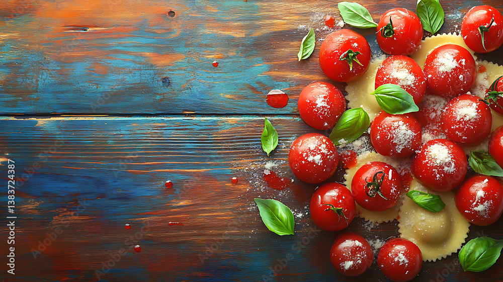 Poster top down image of ravioli with tomato sauce, parmesan and basil on a rustic background