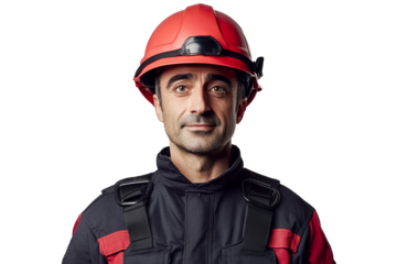 Confident male firefighter in red helmet and protective uniform isolated on transparent png background