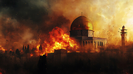 Naklejka premium Tisha bâ€™av, the destruction of the temple of jerusalem engulfed in flames, digital painting