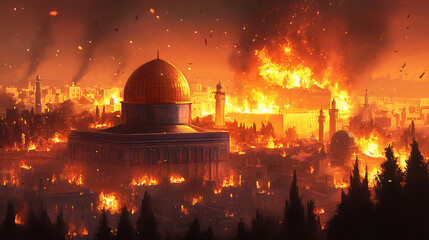 Fototapeta premium Tisha bâ€™av, the destruction of the temple of jerusalem engulfed in flames, digital painting
