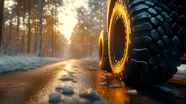 Tires designed for winter conditions on a sunlit asphalt road within a forest