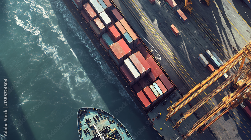 Aufkleber Top view from the height of the loading and unloading of a container ship, aerial view, panoramic shot
