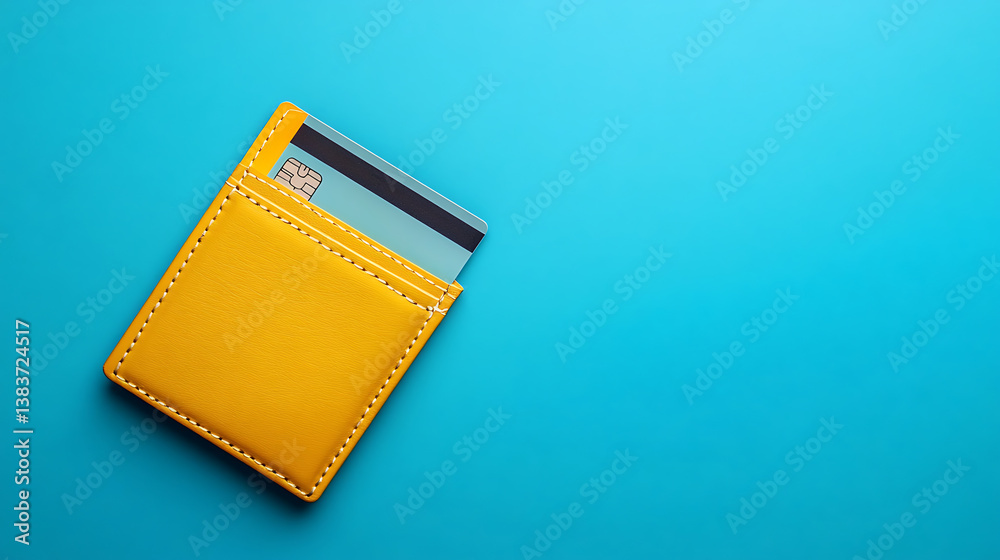Poster top view of a credit card in a yellow wallet on a blue background