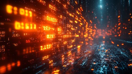 Obraz premium A digital blockchain transaction tunnel, glowing numbers and encrypted blocks floating in a sci-fi cyberspace environment, ultra-detailed 8K clarity, motion blur effect