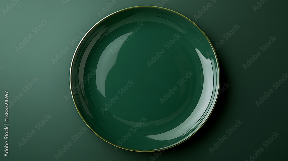 Poster top view of empty green plate on dark green background