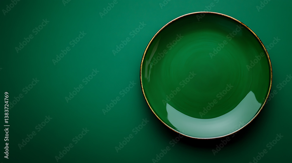 Poster top view of empty green plate on dark green background
