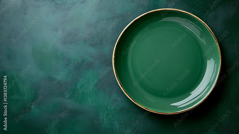 Poster top view of empty green plate on dark green background