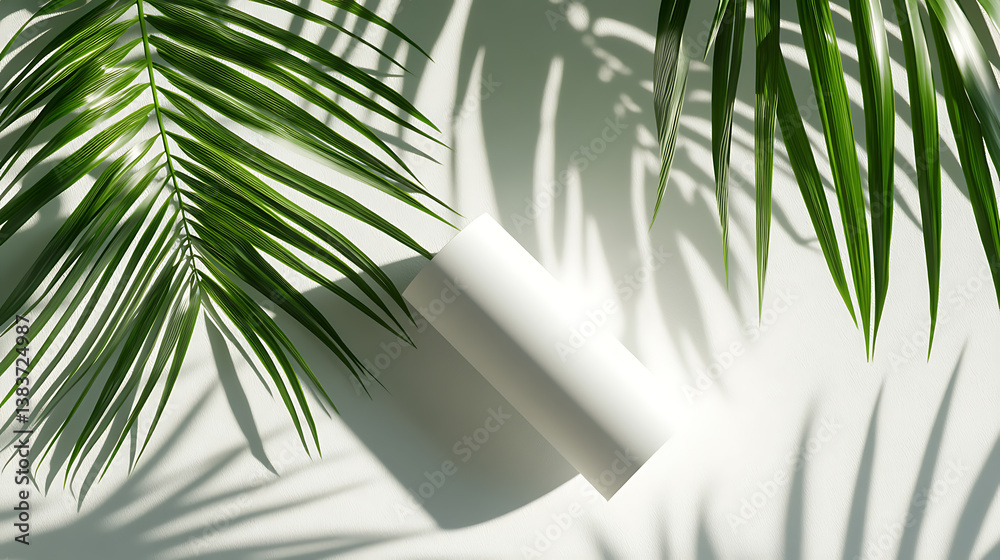 Leinwandbilder top view of white blank cylinder frame for mock up and display products with shadows of palm leaves