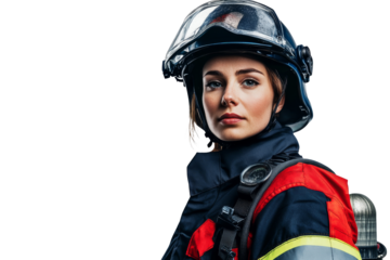 Female firefighter with helmet and fire protection gear standing confidently isolated on transparent png background