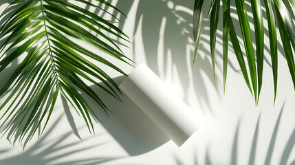Fototapeta premium Top view of white blank cylinder frame for mock up and display products with shadows of palm leaves