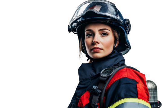 Female firefighter with helmet and fire protection gear standing confidently isolated on transparent png background