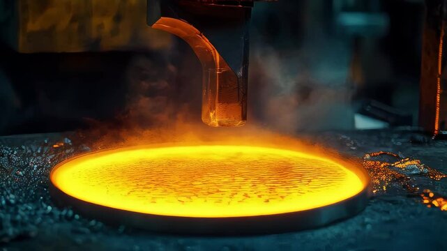 Heavy machinery transforms molten metal during industrial process in workshop at dusk
