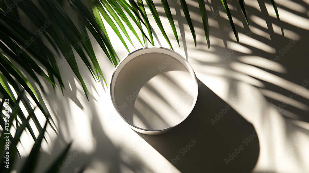 Poster Top view of white blank cylinder frame for mock up and display products with shadows of palm leaves