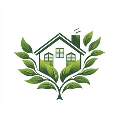 Creative design featuring a green house surrounded by leaves symbolizing sustainability and eco-friendly living