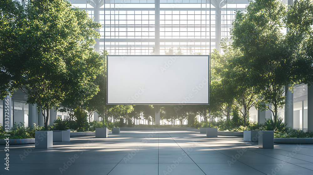 Poster tranquil airport atrium with large blank mockup billboard surrounded by trees, peaceful design