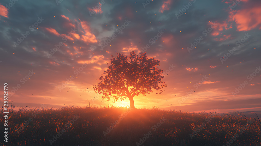 Poster tree in the sunsetwide angle shot of a single tree growing under a clouded sky during a sunset surro