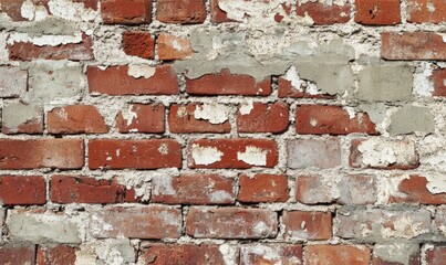 Obraz premium Close-up of an old brick wall with chipped white paint and weathered mortar.