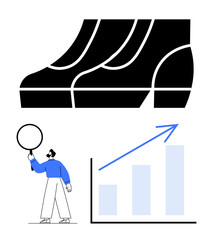 Large footwear shape above a man analyzing growth chart with an upward arrow. Ideal for leadership, strategy, analytics, success, progress, data-driven decision, motivation. Flat simple metaphor