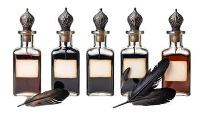 four antique ink bottles with quill feather artistic theme png 