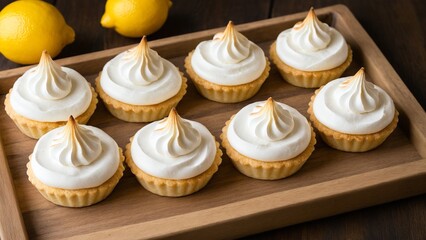 Aromatic Lemon Tartlets with Fluffy Meringue on Wooden Tray: A Delicate Sweet Treat, Baked Golden with Fresh Lemons.