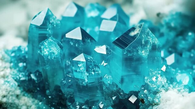 Vibrant blue crystals with sharp points, surrounded by a white mineral base. The crystals exhibit a glossy surface and intricate details, creating a stunning natural display. 
