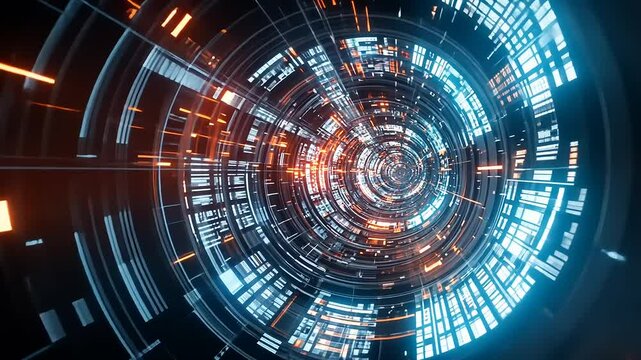 Abstract futuristic digital tunnel with glowing lines and data streams in a tech-inspired environment