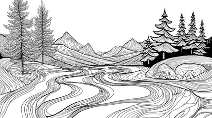 Fototapeta premium Black and White Coloring Book Page Featuring Serene Landscape with Mountains and Winding River