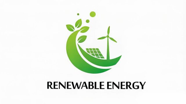 Dynamic animated logo featuring Renewable energy with solar panel and wind turbine symbolizing sustainable, clean, and renewable energy solutions.
