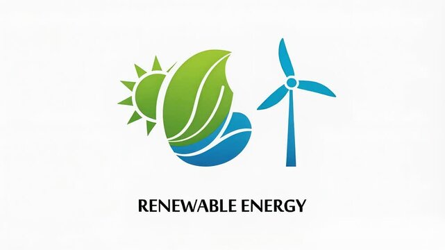 Dynamic animated logo featuring Renewable energy with solar panel and wind turbine symbolizing sustainable, clean, and renewable energy solutions.