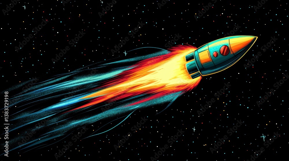 Poster retro rocket ship soaring through starry space, leaving a fiery trail.