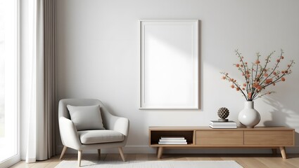 Design interior of living room at modern apartment with white mock up photo frame, wooden shelf, stylish chair, vase with flower, books.