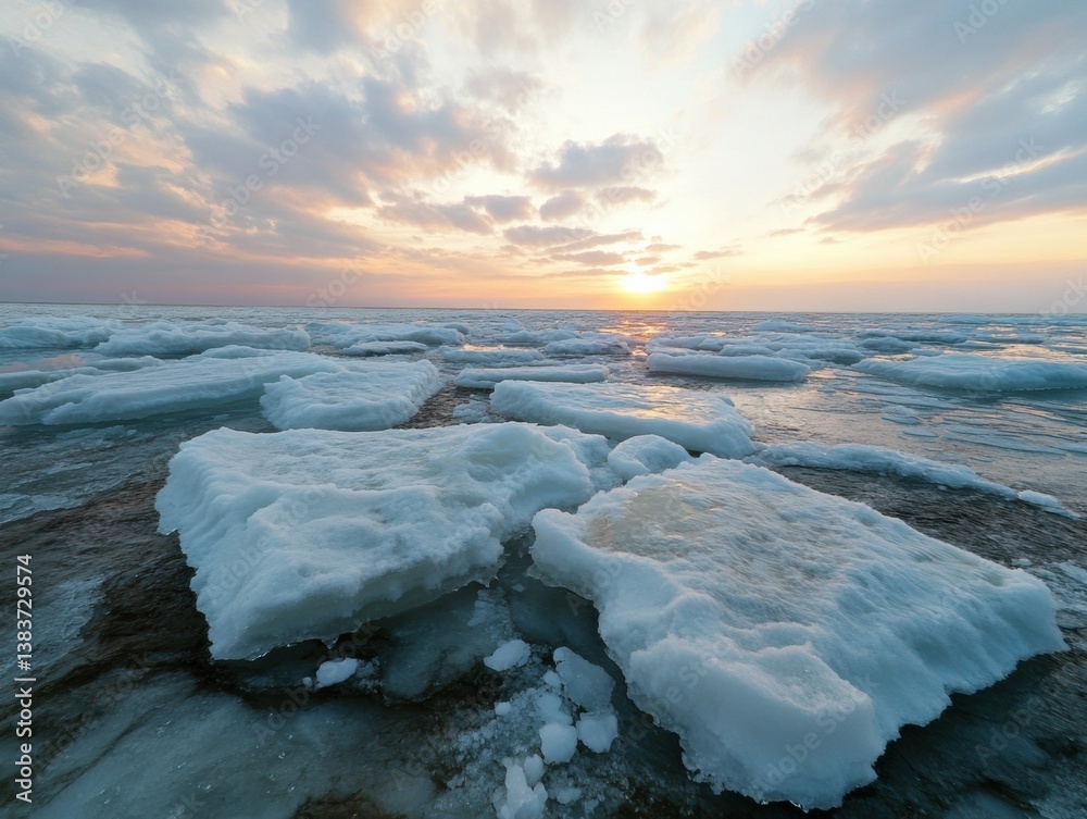 Poster climate crisis visualization fractured arctic seascape at golden hour - ecological transformation an