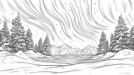 Obraz premium Minimalist Coloring Book Page Featuring Serene Winter Landscape with Pine Trees and Snowflakes