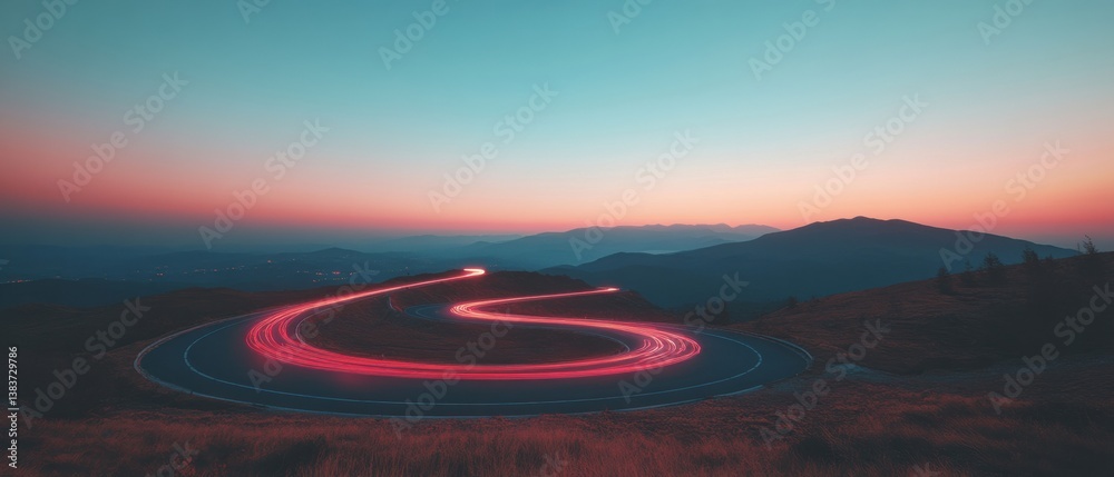 Poster Futuristic Velocity Dynamics AI-Powered Digital Transformation Visualized Through Luminescent Roadway Trail Against Twilight Mountain Horizon - Next-Gen Business Innovation Landscape