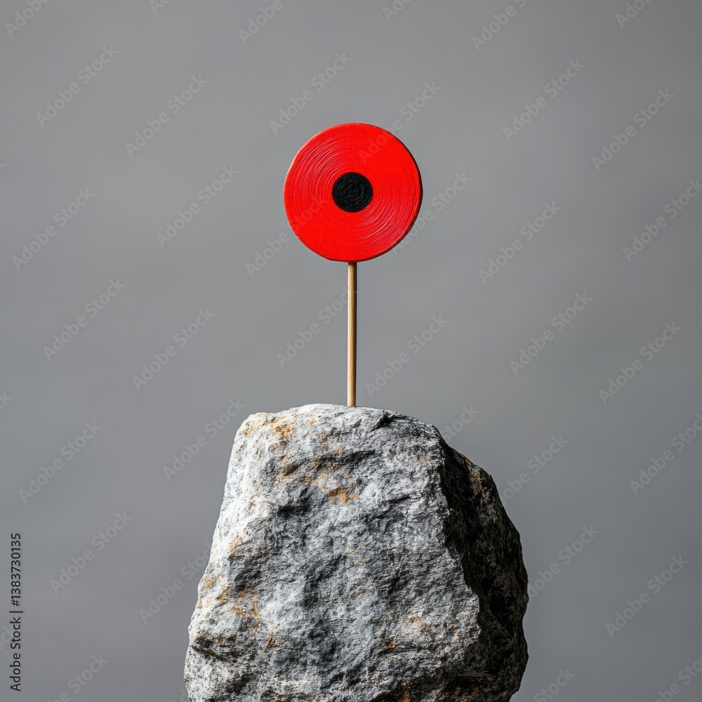 Poster minimalist goal achievement visualization vibrant red target on rocky summit - breakthrough strategy