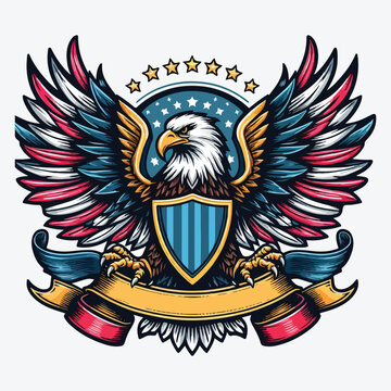 Eagle with shield and ribbon. stock illustration