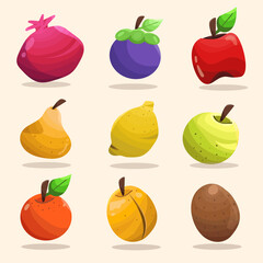 Summer fruit collection.Set of Fruit vector illustration.Pomegranate, mangosteen, apple, lemon, orange, guava, pear, apricot, kiwi
